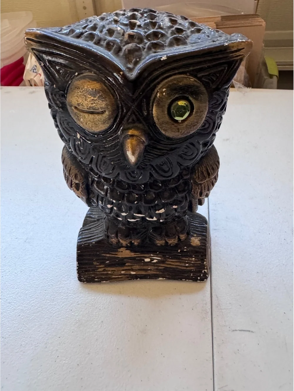 Vintage Mexico Ceramic Owl Coin Bank Winking Green Eye Brown Pottery 1970s